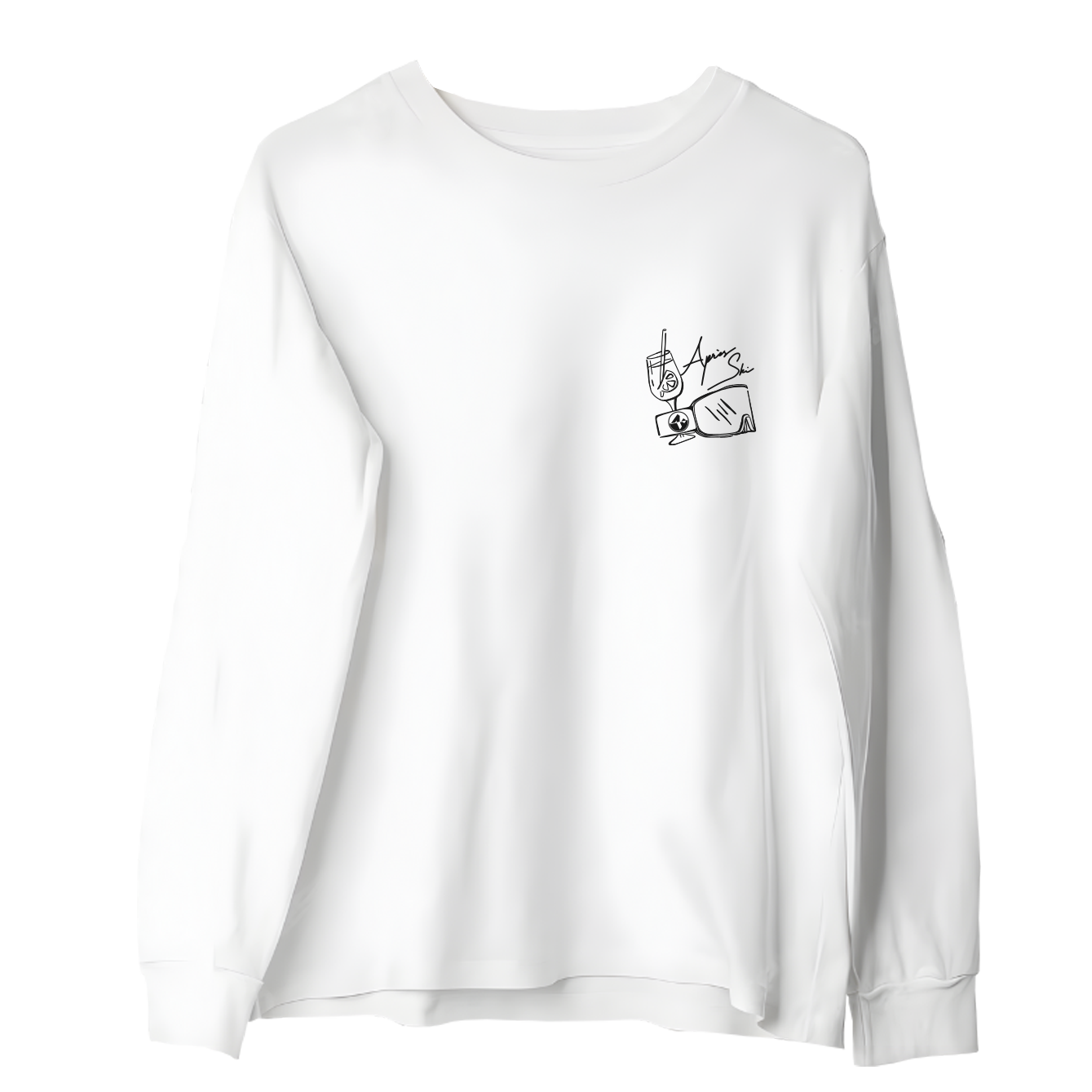 Das weiße, langärmelige Après-Ski-Shirt von NAKED Optics ist aus weicher Bio-Baumwolle gefertigt und zeigt eine minimalistische Hand-mit-Getränk-Linie auf der linken Brust sowie einen einzigartigen Party-Print auf dem Rücken.