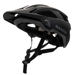 Der RIDGE Fahrradhelm von NAKED Optics verfügt über ein mattschwarzes Finish, ein Visier, Belüftungsöffnungen und ein NAKED-Branding an der Seite - eine Kombination aus Stil und Sicherheit für Ihre nächste Fahrt.
