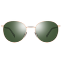 The PARKER by NAKED Optics is a round sunglasses model with a gold metal frame and dark green lenses featuring UV400 protection, displayed on a white background.