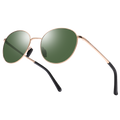 Round sunglasses with green lenses and thin gold frames, black ear tips visible against white background. The PARKER by NAKED Optics features a stylish Metallrahmen Sonnenbrille design and offers reliable UV400 Schutz for your eyes.