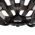 Inside view of The DRAFT Rennrad Aero Helm by NAKED Optics in schwarz matt, showing straps, padding, and safety labels.