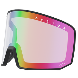 Eine Brille von NAKED Optics mit regenbogenfarbenen Gläsern, Anti-Beschlag-Beschichtung und dem Schriftzug OPTICS" am oberen Rand - perfekt für deine nächste Snowboardbrille.