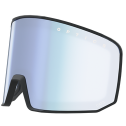 Breite, verspiegelte, blau getönte Visierscheibe mit "OPTICS"-Schriftzug oben rechts, schwarze Rahmenkanten und Anti-Fog-Beschichtung. Die NAKED Optics Snowboardbrille sorgt für klare Sicht auf der Piste.