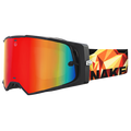 Experience high performance on the slopes or rugged trails with THE LINE ski goggles from NAKED Optics, featuring a striking red-orange reflective lens and a geometric strap in yellow, orange, and black.
