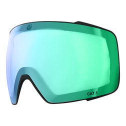Lente di ricambio STORM con colorazione verde per occhiali da sci di NAKED Optics, contrassegnata con la dicitura «CAT.1» nell’angolo in basso a destra, isolata su sfondo bianco – ideale come lente di ricambio per i vostri occhiali da snowboard o da sci con sistema di sostituzione magnetico o rivestimento antiappannamento particolarmente efficace.