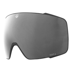 Eine einzelne grau getönte Ersatzscheibe für Ihre NAKED Optics Snowboard- und Skibrille, kompatibel mit dem magnetischen Wechselsystem, mit minimalem schwarzen Rahmen und CAT.3-Label.