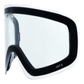 The NAKED Optics Ersatzglas TROOP EVO is a clear ski or snowboard goggle lens with a black frame and CAT.0 marking, featuring Schlechtwetterglas technology for optimal visibility in poor weather conditions. It is compatible with the SnapTech-Magnetwechselsystem for easy replacement with Skibrille Ersatzgläser.