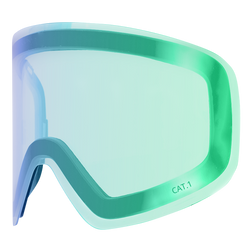 Lente di ricambio per occhiali da sci TROOP EVO di NAKED Optics, con tonalità verde, forma curva e la scritta “CAT.1” nell’angolo in basso a destra, progettata come lente di ricambio per occhiali da sci (Skibrille Ersatzgläser) per una sostituzione rapida grazie all’innovativo sistema di sostituzione magnetica SnapTech.