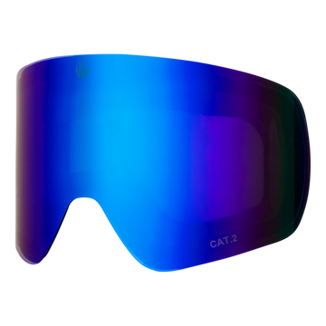 Blau getöntes, gebogenes Skibrillenglas von NAKED Optics mit reflektierender Oberfläche und CAT.2 Kennzeichnung, kompatibel als TROOP Bike Ersatzglas für Ihre Bikepark Downhill Brille.