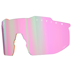 Ein einzelnes rosafarbenes, verspiegeltes Sonnenbrillenglas von NAKED Optics mit weißem Text, geometrisch geschnittener Form und polarisierten Gläsern für verbesserte Klarheit auf weißem Hintergrund.