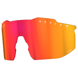 Eine einzelne orange-gelb verspiegelte NAKED Optics Sportbrille mit dem Schriftzug OPTICS" am oberen Rand, mit polarisierten Gläsern und UV-Schutz.