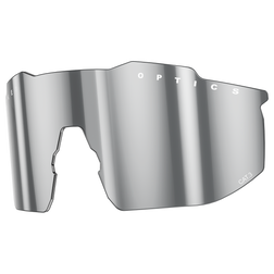 Eine silber verspiegelte Ersatzlinse für Sportbrille von NAKED Optics mit UV-Schutz, polarisierten Gläsern und Aufschrift "OPTICS" sowie "CAT.3" am Rand.