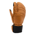 Der „CRUZER EVO Lobster“ von NAKED Optics ist ein dreifingeriger Skihandschuh aus braunem Leder mit schwarzem Handgelenkbund, der hier aufrecht vor einem weißen Hintergrund abgebildet ist – ideal zum Skifahren oder Snowboarden, sowohl was den Stil als auch den Komfort angeht.