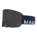 The NOVA by NAKED Optics is a black ski goggle featuring a wide lens and a navy blue strap with the text “NAKED” in silver letters. This große Skibrille comes equipped with an advanced Magnetwechselsystem for quick and easy lens changes, as well as an effective Anti-Fog-Beschichtung to ensure clear vision on the slopes.