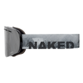 The TROOP Youth by NAKED Optics are gray ski goggles featuring a reflective lens and a strap boldly printed with “NAKED.” Designed with an effective Anti-Fog-Beschichtung for clear vision on the slopes, these kleine Skibrille are perfect for Skibrille Jugendliche, combining stylish looks with reliable functionality.