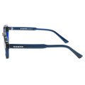 Side view of The LUNA blue eyeglass frame from NAKED Optics, featuring “NAKED” and “CAT.2” printed on the arm—this Lifestyle Brille delivers a modern look perfect for any occasion.