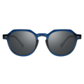 The LUNA by NAKED Optics showcases blue frames with round, dark polarized lenses and a chic keyhole bridge, making it the ideal lifestyle sunglasses for any occasion. Shown against a white background.