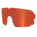 Verre de rechange VOLT miroir rouge-orange de NAKED Optics, orné d'une inscription blanche « OPTICS » et « CAT.1 » sur fond uni, offrant une protection UV fiable pour vos yeux.