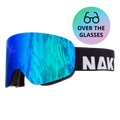 Introducing The TROOP EVO by NAKED Optics: These blue mirrored ski goggles feature a black strap and a vibrant “OVER THE GLASSES” emblem. With advanced Anti-Fog-Beschichtung, they ensure clear vision on the slopes while delivering exceptional style and performance.