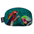Two colorful parrots perch on a teal background with the word NAKED faintly visible behind them, creating a playful design perfect for the Skibrillen Schutz (Überzieher) by NAKED Optics.