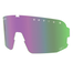 Lila und grün verspiegelte NAKED Optics Sportbrille mit weißem Text, rahmenlosem Design und zuverlässigem UV-Schutz.
