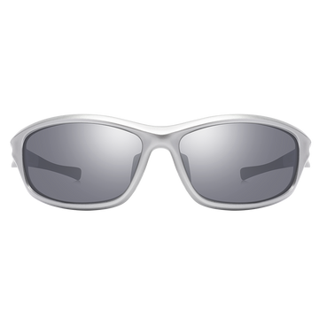 The RAVE sports sunglasses with silver rims and dark, mirrored lenses.