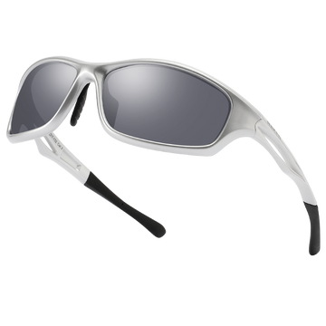 Silver NAKED Optics The RAVE athletic sunglasses with dark lenses and black temple tips.