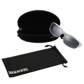 Silver NAKED Optics The RAVE sunglasses with a black zippered case and a drawstring pouch.