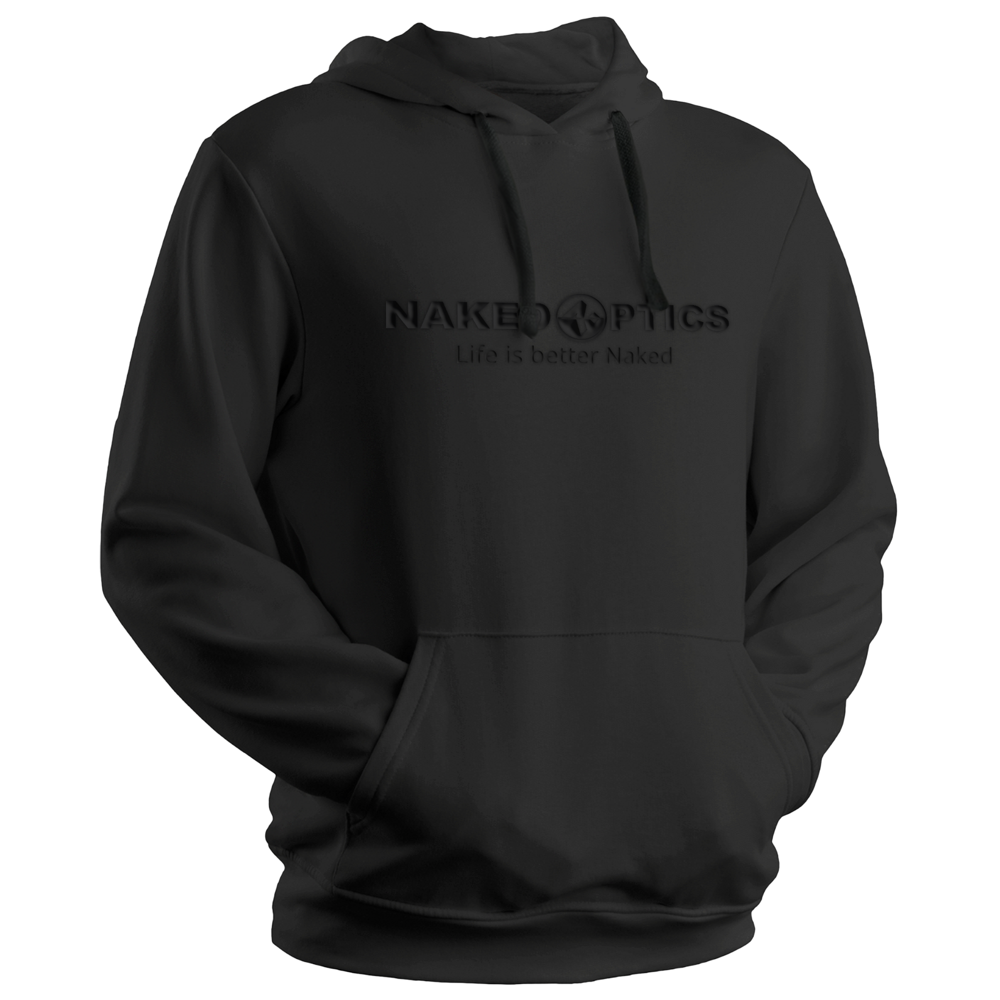 Schwarzer Unisex-Kapuzenpullover von NAKED Optics mit gesticktem "Life is better Naked"-Logo auf der Vorderseite, präsentiert auf schlichtem Hintergrund.
