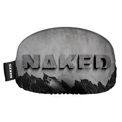 Graue Skibrillen-Schutzhülle (Überzieher) von NAKED Optics mit dem Schriftzug „NAKED“ in fetten, steinartigen Buchstaben über schwarzen Bergsilhouetten.