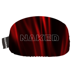 Rot-schwarzer, ovaler Skibrillenüberzug von NAKED Optics mit auffälligem, weiß umrandetem "NAKED"-Schriftzug und einem kleinen, seitlichen Anhänger mit dem Markennamen.