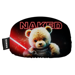 Ein grimmiger Teddybär schwingt ein rotes Lichtschwert unter einem leuchtenden NAKED Optics-Zeichen auf schwarzem Hintergrund - bereit für Action, genau wie die NAKED Optics Skibrille, die Ihre wildesten Abenteuer mit kristallklarer Sicht bereichert.