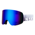 The TROOP Bike by NAKED Optics features blue mirrored ski goggles with a wide lens and a white adjustable strap, shown on a plain background—perfect as a Downhill Brille or MTB Brille, and compatible with Wechselgläser for versatile performance.