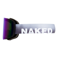 The TROOP Bike by NAKED Optics features stylish ski goggles with a purple lens and a gray strap emblazoned with “NAKED” in bold white letters—perfect for mountain biking adventures as an MTB Brille.