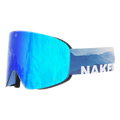 Il modello TROOP EVO di NAKED Optics è un paio di occhiali da sci con lenti a specchio blu, caratterizzati da un design ispirato alla montagna e dalla scritta “NAKED” sul cinturino regolabile, dotati di rivestimento antiappannamento per una visione nitida sulle piste.