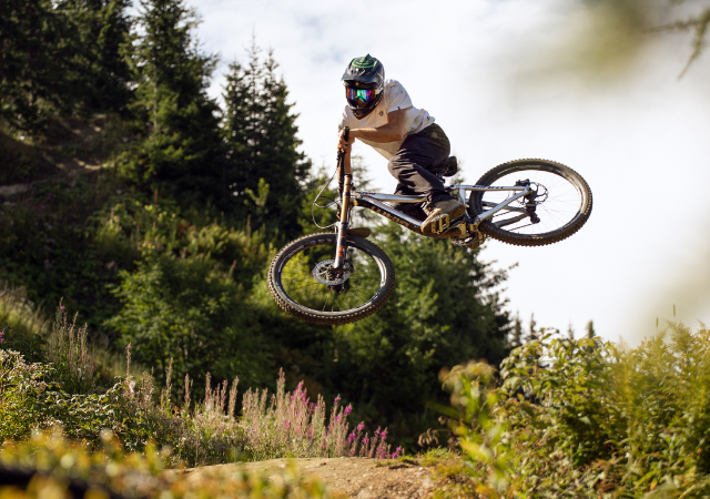 Ein Mountainbiker in der Luft bei einem Sprung auf einem Feldweg, umgeben von Bäumen und Wildblumen.