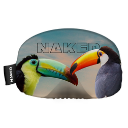 Zwei bunte Tukane stehen sich gegenüber mit dem Schriftzug "NAKED" über ihnen auf einem Himmelshintergrund, inspiriert vom NAKED Optics Skibrillen-Stil von NAKED Optics.