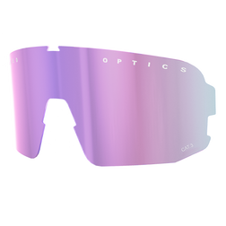 Einteilige Sportbrille von NAKED Optics mit rosa und lila Farbverlauf und weißem Text am oberen Rand, die einen zuverlässigen UV-Schutz bietet.