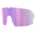 Enkele roze en paarse spiegelende NAKED Optics Ersatzglas VOLT-zonnebrilglazen met de tekst „OPTICS“ aan de bovenrand, ontworpen voor Sportbrille en met betrouwbare UV-Schutz, afgebeeld op een witte achtergrond.