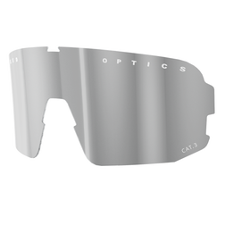 Ein einzelnes verspiegelter Ersatzgläser von NAKED Optics für Sportbrille, gekennzeichnet mit Optics und CAT.3, bietet zuverlässigen UV-Schutz.