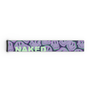 Ein rechteckiges 45-mm-Skibrillenband von NAKED Optics mit dem Schriftzug „NAKED“ und einem Muster aus violetten Smileys auf grauem Hintergrund, entworfen als auffälliges Zusatzband – das perfekte „Ersatzstraps“-Zubehör für die Skibrillen FORCE EVO, TROOP EVO, STORM, NOVA, SOLAR und ZEND-Skibrillen.