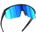 The SHYFT by NAKED Optics are sporty black sunglasses with reflective blue lenses and NAKED Optics branding on the frame, featuring individuell angepasste Sportbrillen for maximum comfort and Passform-Optimierung.