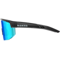 Side view of The SHYFT—black sports sunglasses by NAKED Optics—featuring blue mirrored lenses and the NAKED logo on the arm. These individuell angepasste Sportbrillen are designed for Passform-Optimierung, delivering both style and performance on the go.