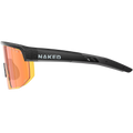 The SHYFT by NAKED Optics are black sports sunglasses featuring orange-tinted lenses and the brand name “NAKED” on the side of the frame. These individuell angepasste Sportbrillen offer advanced Passform-Optimierung for a comfortable fit, making them ideal for athletes who demand both style and performance.
