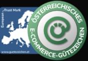 Ein grünes österreichisches E-Commerce-Gütesiegel überlagert eine Karte von Europa mit der Aufschrift „European Trust Mark“.