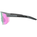 Vue de profil du modèle « The SHYFT » de NAKED Optics — des lunettes de soleil sportives noires dotées de verres teintés en rose et portant l'inscription « NAKED » sur la monture — mettant en avant des lunettes de sport au maintien optimisé et personnalisables grâce à une technologie d'impression 3D de pointe.