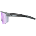 Side view of the SHYFT by NAKED Optics—purple-lensed sports sunglasses with a black and gray frame, featuring the NAKED logo and exemplifying a custom-fit sports eyewear solution for optimal fit optimization.