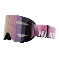 The TROOP EVO ski goggles (Skibrille) by NAKED Optics feature a wide, reflective pink lens and a pink strap adorned with white text and palm tree graphics. Equipped with advanced Anti-Fog-Beschichtung, these goggles ensure clear vision on every run.