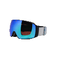 Gli occhiali da sci STORM Skibrille sphärisch di NAKED Optics sono dotati di lenti blu riflettenti, un cinturino regolabile bianco e nero e un rivestimento antiappannamento, come si vede in questa immagine ripresa di profilo.