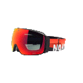 NAKED Optics The STORM ski goggles with a spherical, reflective red lens and an orange-and-black branded strap, featuring anti-fog coating for clear vision, set against a black background.